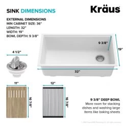 Kraus Bellucci 32" Undermount Single Basin Granite Kitchen Sink with Basket Strainer, Cutting Board, and Garbage Disposal 12 Kraus Bellucci 32" Undermount Single Basin Granite Kitchen Sink with Basket Strainer, Cutting Board, and Garbage Disposal -Kraus Sales Shop kraus kguw1 33 100 75mb alternate view 115