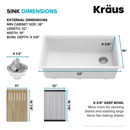 Kraus Bellucci 32" Undermount Single Basin Granite Kitchen Sink with Basket Strainer, Cutting Board, and Garbage Disposal 7 Kraus Bellucci 32" Undermount Single Basin Granite Kitchen Sink with Basket Strainer, Cutting Board, and Garbage Disposal - Image 5