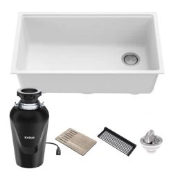 Kraus Bellucci 32" Undermount Single Basin Granite Kitchen Sink with Basket Strainer, Cutting Board, and Garbage Disposal
