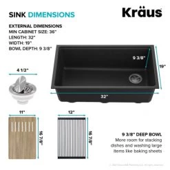 Kraus Bellucci 32" Undermount Single Basin Granite Kitchen Sink with Basket Strainer, Cutting Board, and Garbage Disposal -Kraus Sales Shop kraus kguw2 33 100 75mb alternate view 125