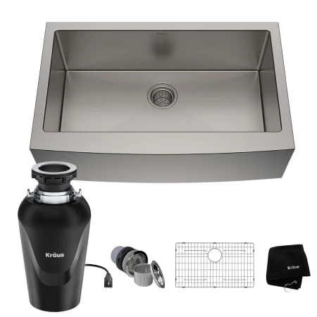 Kraus Standart PRO 32-7/8" Farmhouse Single Basin Stainless Steel Kitchen Sink with Basin Rack, Basket Strainer, and Garbage Dispsoal 3 Kraus Standart PRO 32-7/8" Farmhouse Single Basin Stainless Steel Kitchen Sink with Basin Rack, Basket Strainer, and Garbage Dispsoal