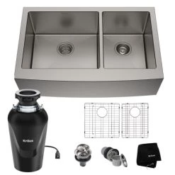 Kraus Standart PRO 35-7/8" Farmhouse Double Basin Stainless Steel Kitchen Sink with Basin Rack, Basket Strainer, and Garbage Dispsoal