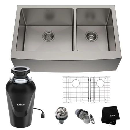 Kraus Standart PRO 35-7/8" Farmhouse Double Basin Stainless Steel Kitchen Sink with Basin Rack, Basket Strainer, and Garbage Dispsoal 3 Kraus Standart PRO 35-7/8" Farmhouse Double Basin Stainless Steel Kitchen Sink with Basin Rack, Basket Strainer, and Garbage Dispsoal