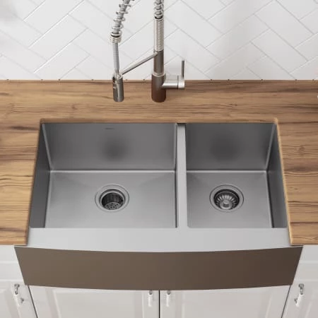 Kraus Standart PRO 35-7/8" Farmhouse Double Basin Stainless Steel Kitchen Sink with Basin Rack, Basket Strainer, and Garbage Dispsoal 4 Kraus Standart PRO 35-7/8" Farmhouse Double Basin Stainless Steel Kitchen Sink with Basin Rack, Basket Strainer, and Garbage Dispsoal - Image 2