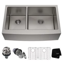 Kraus 32-7/8" Double Basin 16 Gauge Stainless Steel Kitchen Sink for Farmhouse Installations with 40/60 Split - Basin Racks and Basket Strainers Included