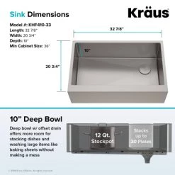 Kraus Standart PRO 33" Farmhouse Single Basin Stainless Steel Kitchen Sink - Includes Drain Assembly, Removable Drain Cap, Bottom Grid, and Kitchen Towel 12 Kraus Standart PRO 33" Farmhouse Single Basin Stainless Steel Kitchen Sink - Includes Drain Assembly, Removable Drain Cap, Bottom Grid, and Kitchen Towel -Kraus Sales Shop kraus khf410 33 dimensions 31
