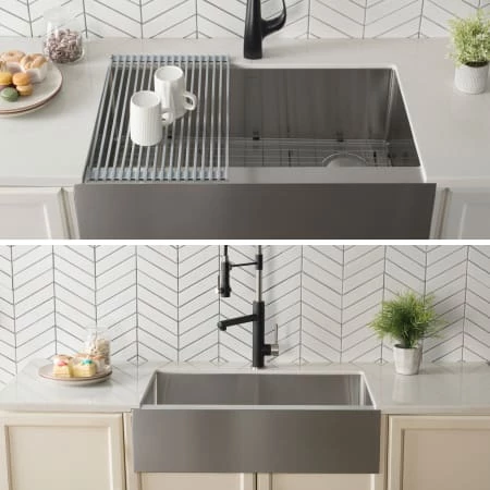 Kraus Standart PRO 33" Farmhouse Single Basin Stainless Steel Kitchen Sink - Includes Drain Assembly, Removable Drain Cap, Bottom Grid, and Kitchen Towel 6 Kraus Standart PRO 33" Farmhouse Single Basin Stainless Steel Kitchen Sink - Includes Drain Assembly, Removable Drain Cap, Bottom Grid, and Kitchen Towel - Image 4