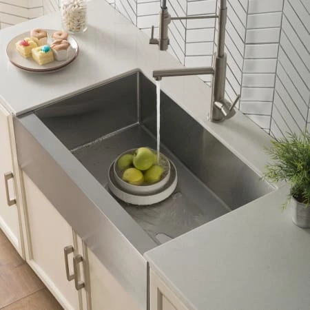 Kraus Standart PRO 33" Farmhouse Single Basin Stainless Steel Kitchen Sink - Includes Drain Assembly, Removable Drain Cap, Bottom Grid, and Kitchen Towel 4 Kraus Standart PRO 33" Farmhouse Single Basin Stainless Steel Kitchen Sink - Includes Drain Assembly, Removable Drain Cap, Bottom Grid, and Kitchen Towel - Image 2