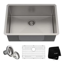 Kraus Standart PRO 26" Undermount Single Basin Stainless Steel Kitchen Sink with Sound Dampening - Includes Basket Strainer, Sink Grid, and Kitchen Towel