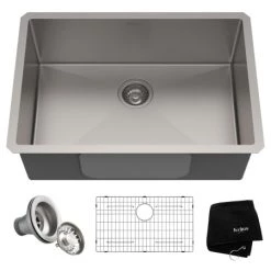 Kraus Standart PRO 28" Undermount Single Basin Stainless Steel Kitchen Sink with Sound Dampening - Includes Basket Strainer, Sink Grid, and Kitchen Towel