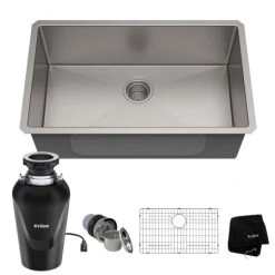 Kraus Standart PRO 30" Undermount Single Basin Stainless Steel Kitchen Sink with Basin Rack, Basket Strainer, Garbage Disposal, and NoiseDefend Technology