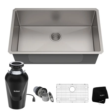 Kraus Standart PRO 30" Undermount Single Basin Stainless Steel Kitchen Sink with Basin Rack, Basket Strainer, Garbage Disposal, and NoiseDefend Technology 3 Kraus Standart PRO 30" Undermount Single Basin Stainless Steel Kitchen Sink with Basin Rack, Basket Strainer, Garbage Disposal, and NoiseDefend Technology