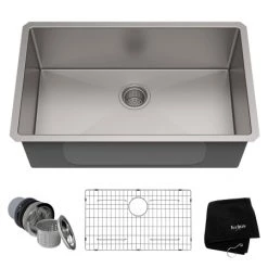 Kraus 30" Single Basin 16 Gauge Stainless Steel Kitchen Sink for Undermount Installations - Basin Rack and Basket Strainer Included