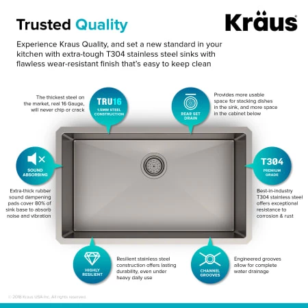 Kraus 30" Single Basin 16 Gauge Stainless Steel Kitchen Sink for Undermount Installations - Basin Rack and Basket Strainer Included 7 Kraus 30" Single Basin 16 Gauge Stainless Steel Kitchen Sink for Undermount Installations - Basin Rack and Basket Strainer Included - Image 5