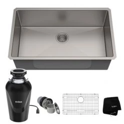 Kraus Standart PRO 32" Undermount Single Basin Stainless Steel Kitchen Sink with Basin Rack, Basket Strainer, Garbage Disposal, and NoiseDefend Technology