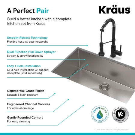 Kraus Standart PRO 32" Undermount Single Basin Stainless Steel Kitchen Sink with Deck Mounted 1.8 (GPM) Pre-Rinse Kitchen Faucet with Soap Dispenser 8 Kraus Standart PRO 32" Undermount Single Basin Stainless Steel Kitchen Sink with Deck Mounted 1.8 (GPM) Pre-Rinse Kitchen Faucet with Soap Dispenser - Image 6