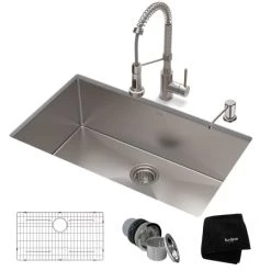 Kraus Standart PRO 32" Undermount Single Basin Stainless Steel Kitchen Sink with Deck Mounted 1.8 (GPM) Pre-Rinse Kitchen Faucet with Soap Dispenser