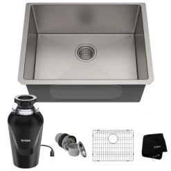 Kraus Standart PRO 23" Undermount Single Basin Stainless Steel Kitchen Sink with Basin Rack, Basket Strainer, Garbage Disposal, and NoiseDefend Technology