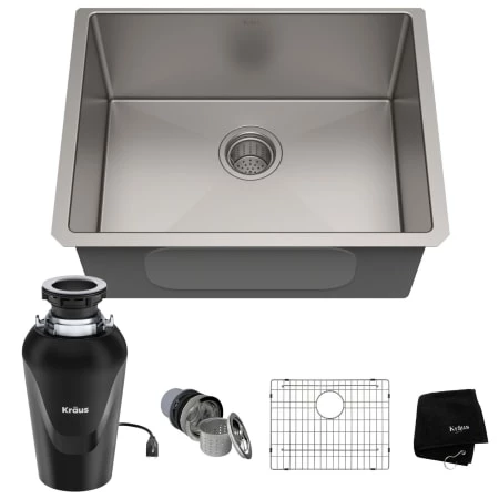 Kraus Standart PRO 23" Undermount Single Basin Stainless Steel Kitchen Sink with Basin Rack, Basket Strainer, Garbage Disposal, and NoiseDefend Technology 3 Kraus Standart PRO 23" Undermount Single Basin Stainless Steel Kitchen Sink with Basin Rack, Basket Strainer, Garbage Disposal, and NoiseDefend Technology