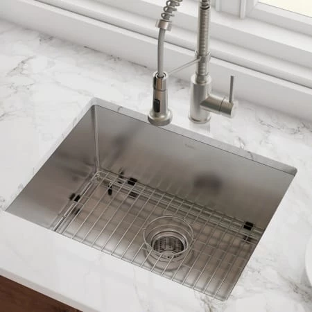 Kraus 23" Single Basin 16 Gauge Stainless Steel Kitchen Sink for Undermount Installations - Basin Rack and Basket Strainer Included 4 Kraus 23" Single Basin 16 Gauge Stainless Steel Kitchen Sink for Undermount Installations - Basin Rack and Basket Strainer Included - Image 2