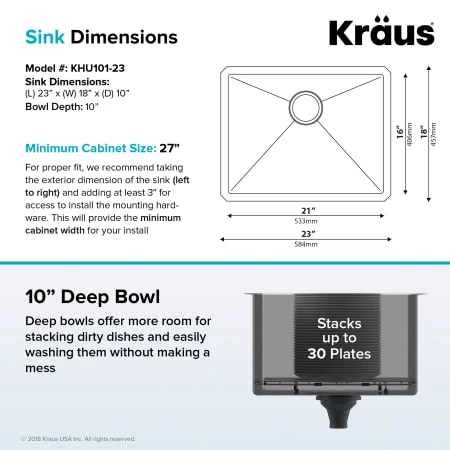 Kraus 23" Single Basin 16 Gauge Stainless Steel Kitchen Sink for Undermount Installations - Basin Rack and Basket Strainer Included 7 Kraus 23" Single Basin 16 Gauge Stainless Steel Kitchen Sink for Undermount Installations - Basin Rack and Basket Strainer Included - Image 5