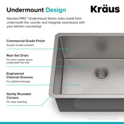 Kraus 23" Single Basin 16 Gauge Stainless Steel Kitchen Sink for Undermount Installations - Basin Rack and Basket Strainer Included 13 Kraus 23" Single Basin 16 Gauge Stainless Steel Kitchen Sink for Undermount Installations - Basin Rack and Basket Strainer Included -Kraus Sales Shop kraus khu101 23 alternate image 831