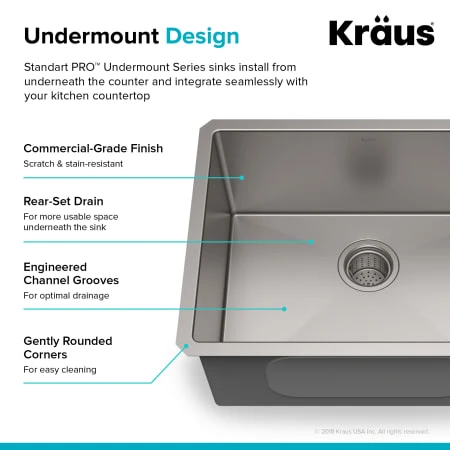 Kraus 23" Single Basin 16 Gauge Stainless Steel Kitchen Sink for Undermount Installations - Basin Rack and Basket Strainer Included 8 Kraus 23" Single Basin 16 Gauge Stainless Steel Kitchen Sink for Undermount Installations - Basin Rack and Basket Strainer Included - Image 6