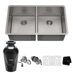 Kraus Standart PRO 32-3/4" Undermount Double Basin Stainless Steel Kitchen Sink with Basin Rack, Basket Strainer, and Garbage Dispsoal