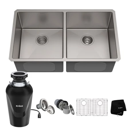 Kraus Standart PRO 32-3/4" Undermount Double Basin Stainless Steel Kitchen Sink with Basin Rack, Basket Strainer, and Garbage Dispsoal 3 Kraus Standart PRO 32-3/4" Undermount Double Basin Stainless Steel Kitchen Sink with Basin Rack, Basket Strainer, and Garbage Dispsoal
