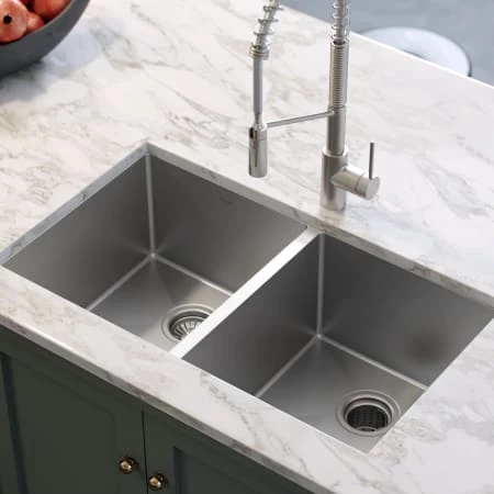 Kraus Standart PRO 32-3/4" Undermount Double Basin Stainless Steel Kitchen Sink with Basin Rack, Basket Strainer, and Garbage Dispsoal 4 Kraus Standart PRO 32-3/4" Undermount Double Basin Stainless Steel Kitchen Sink with Basin Rack, Basket Strainer, and Garbage Dispsoal - Image 2