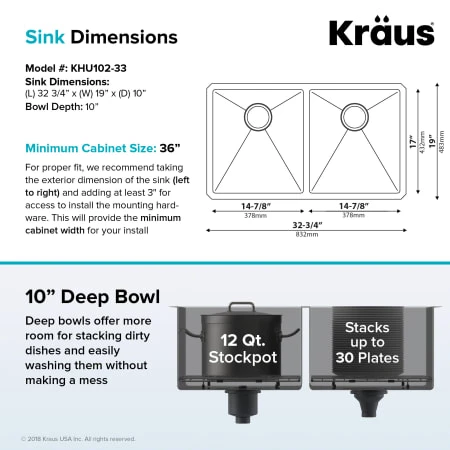 Kraus Standart PRO 32-3/4" Undermount Double Basin Stainless Steel Kitchen Sink with Basin Rack, Basket Strainer, and Garbage Dispsoal 6 Kraus Standart PRO 32-3/4" Undermount Double Basin Stainless Steel Kitchen Sink with Basin Rack, Basket Strainer, and Garbage Dispsoal - Image 4