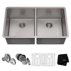 Kraus 32-3/4" Double Basin 16 Gauge Stainless Steel Kitchen Sink for Undermount Installations with 50/50 Split - Basin Racks and Basket Strainers Included