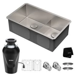 Kraus Standart PRO 32" Undermount Double Basin Stainless Steel Kitchen Sink with Basin Rack, Basket Strainer, Garbage Disposal, and NoiseDefend Technology