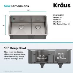 Kraus Standart PRO 32" Undermount Double Basin Stainless Steel Kitchen Sink with Basin Rack, Basket Strainer, Garbage Disposal, and NoiseDefend Technology -Kraus Sales Shop kraus khu103 32 100 75mb alternate view 202