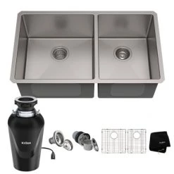 Kraus Standart PRO 32-3/4" Undermount Double Basin Stainless Steel Kitchen Sink with Basin Rack, Basket Strainer, and Garbage Dispsoal