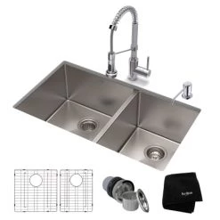 Kraus Standart PRO 33" Undermount Double Basin Stainless Steel Kitchen Sink with Deck Mounted 1.8 (GPM) Pre-Rinse Kitchen Faucet with Soap Dispenser