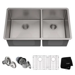 Kraus 32-3/4" Double Basin 16 Gauge Stainless Steel Kitchen Sink for Undermount Installations with 60/40 Split - Basin Racks and Basket Strainers Included