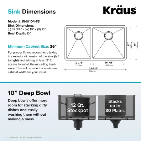 Kraus 32-3/4" Double Basin 16 Gauge Kitchen Sink for Undermount Installations with 40/60 Split 7 Kraus 32-3/4" Double Basin 16 Gauge Kitchen Sink for Undermount Installations with 40/60 Split - Image 5