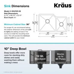 Kraus 32" Undermount 60/40 Double Bowl 16 Gauge Stainless Steel Kitchen Sink -Kraus Sales Shop kraus khu123 32 alternate image 920