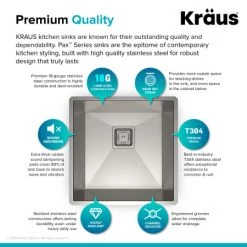 Kraus Pax 18-1/2" Single Basin 18 Gauge Stainless Steel Kitchen Sink for Undermount Installations with NoiseDefend Technology and Pax Zero-Radius Corners -Kraus Sales Shop kraus khu19 alternate image 943