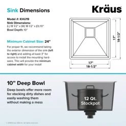 Kraus Pax 18-1/2" Single Basin 18 Gauge Stainless Steel Kitchen Sink for Undermount Installations with NoiseDefend Technology and Pax Zero-Radius Corners -Kraus Sales Shop kraus khu19 alternate image 944