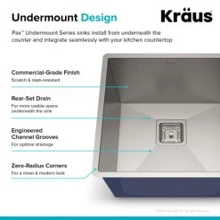 Kraus Pax 18-1/2" Single Basin 18 Gauge Stainless Steel Kitchen Sink for Undermount Installations with NoiseDefend Technology and Pax Zero-Radius Corners -Kraus Sales Shop kraus khu19 alternate image 945