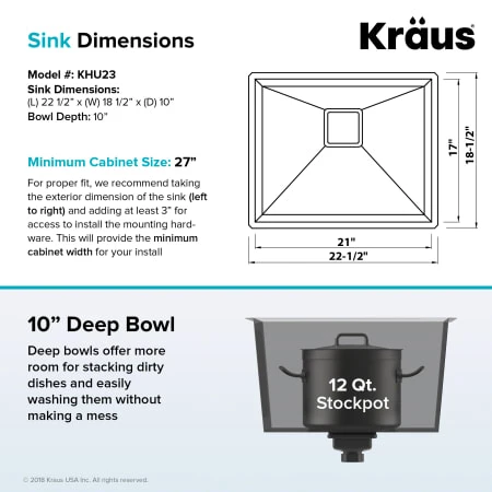 Kraus Pax 22-1/2" Single Basin 16 Gauge Stainless Steel Kitchen Sink for Undermount Installations with NoiseDefend Technology and Pax Zero-Radius Corners 7 Kraus Pax 22-1/2" Single Basin 16 Gauge Stainless Steel Kitchen Sink for Undermount Installations with NoiseDefend Technology and Pax Zero-Radius Corners - Image 5