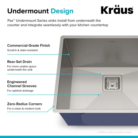 Kraus Pax 22-1/2" Single Basin 16 Gauge Stainless Steel Kitchen Sink for Undermount Installations with NoiseDefend Technology and Pax Zero-Radius Corners 8 Kraus Pax 22-1/2" Single Basin 16 Gauge Stainless Steel Kitchen Sink for Undermount Installations with NoiseDefend Technology and Pax Zero-Radius Corners - Image 6