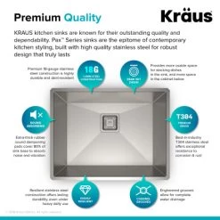 Kraus Pax 24" Single Basin 18 Gauge Stainless Steel Kitchen Sink for Undermount Installations with NoiseDefend Technology and Pax Zero-Radius Corners -Kraus Sales Shop kraus khu24l alternate image 969