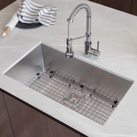 Kraus Pax 28-1/2" Undermount Single Basin Stainless Steel Kitchen Sink with Deck Mounted 1.8 (GPM) Pre-Rinse Kitchen Faucet with Soap Dispenser 4 Kraus Pax 28-1/2" Undermount Single Basin Stainless Steel Kitchen Sink with Deck Mounted 1.8 (GPM) Pre-Rinse Kitchen Faucet with Soap Dispenser - Image 2