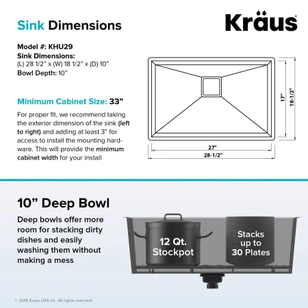 Kraus Pax 28-1/2" Single Basin 16 Gauge Stainless Steel Kitchen Sink for Undermount Installations with NoiseDefend Technology and Pax Zero-Radius Corners 7 Kraus Pax 28-1/2" Single Basin 16 Gauge Stainless Steel Kitchen Sink for Undermount Installations with NoiseDefend Technology and Pax Zero-Radius Corners - Image 5
