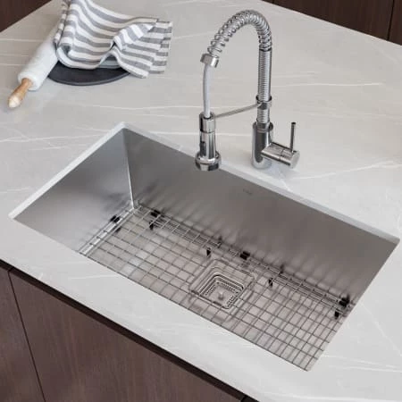 Kraus Pax 31-1/2" Undermount Single Basin Stainless Steel Kitchen Sink with Deck Mounted 1.8 (GPM) Pre-Rinse Kitchen Faucet with Soap Dispenser 4 Kraus Pax 31-1/2" Undermount Single Basin Stainless Steel Kitchen Sink with Deck Mounted 1.8 (GPM) Pre-Rinse Kitchen Faucet with Soap Dispenser - Image 2