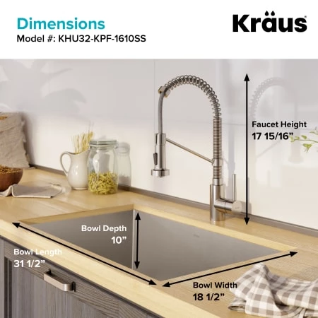 Kraus Pax 31-1/2" Undermount Single Basin Stainless Steel Kitchen Sink with Deck Mounted 1.8 (GPM) Pre-Rinse Kitchen Faucet with Soap Dispenser 5 Kraus Pax 31-1/2" Undermount Single Basin Stainless Steel Kitchen Sink with Deck Mounted 1.8 (GPM) Pre-Rinse Kitchen Faucet with Soap Dispenser - Image 3