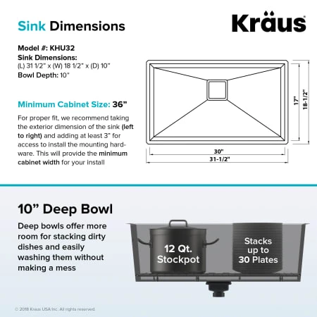 Kraus Pax 31-1/2" Single Basin 16 Gauge Stainless Steel Kitchen Sink for Undermount Installations with NoiseDefend Technology and Pax Zero-Radius Corners 8 Kraus Pax 31-1/2" Single Basin 16 Gauge Stainless Steel Kitchen Sink for Undermount Installations with NoiseDefend Technology and Pax Zero-Radius Corners - Image 6